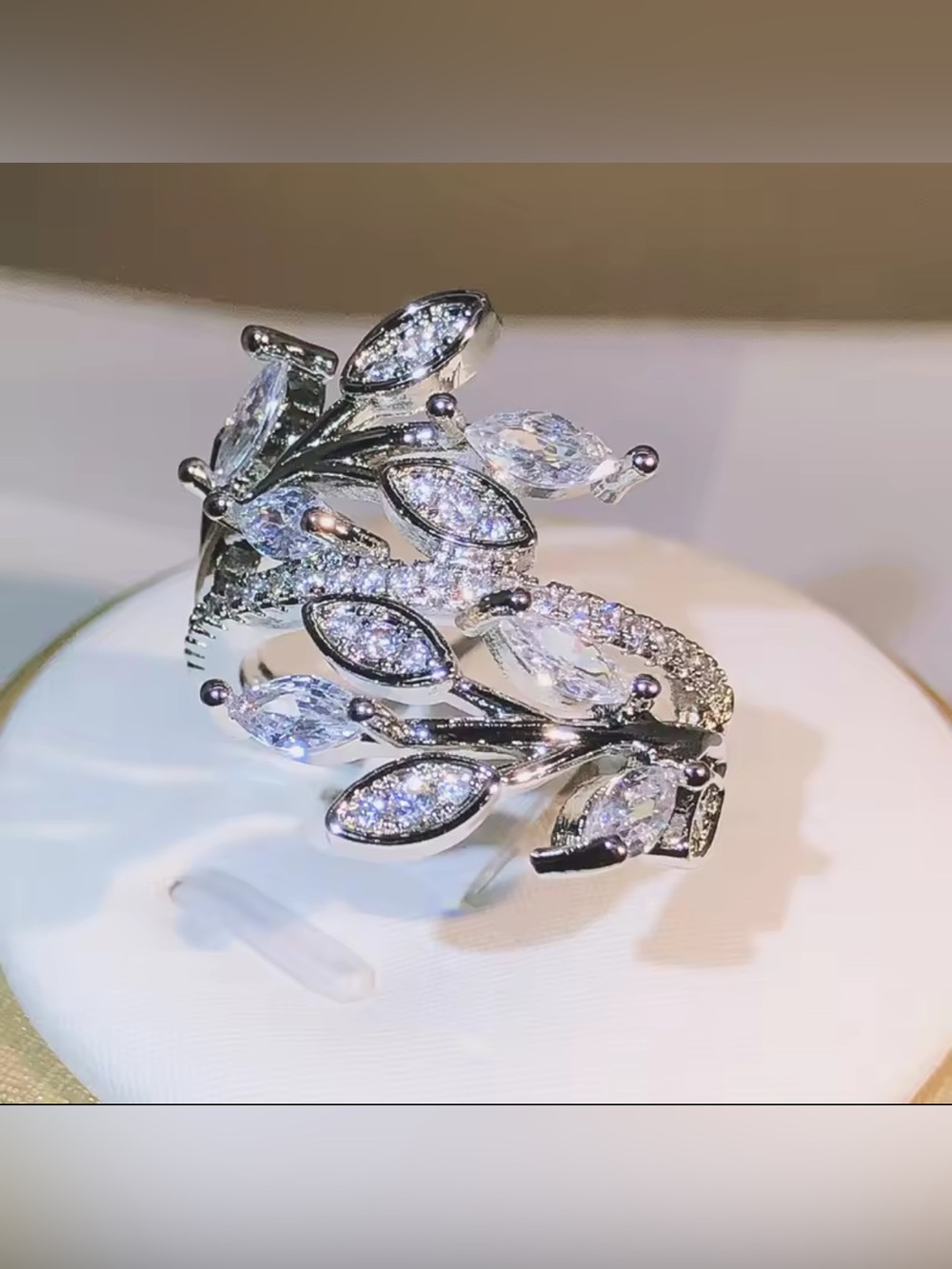 Silver Leaf Marquise Crystal Ring in Clear Sparkle size 7